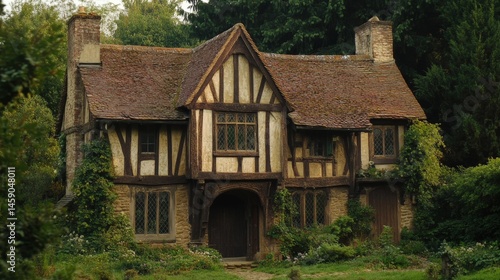 Fototapeta Naklejka Na Ścianę i Meble -  A timber-framed medieval house in England with a slanted roof, small leaded windows, and a rustic atmosphere.