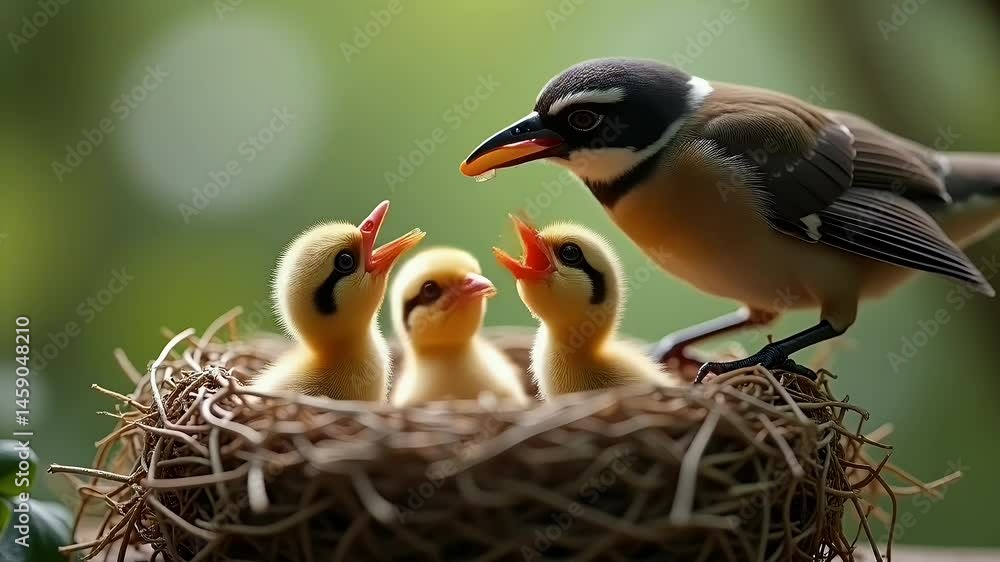 Bird feeding three chicks in nest with green background