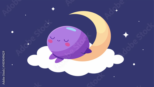 Sleepy Balloon Dreamer A cozy character with a dreamy purple balloon for a head shaped like a crescent moon representing calmness and tranquility. The character is reclining on a