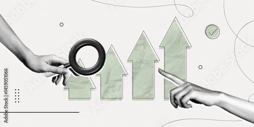 Trendy Halftone Collage Hand holding magnifying glass with arrows pointing up. Stock market statistics chart. Finance business data graph. Trending upwards. Contemporary vector illustration art