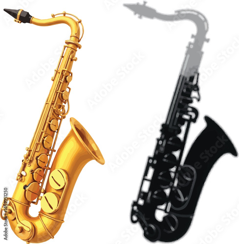 Create a Vector illustration of a sopranino saxophone, small and curved, bright gold color, minimal details, white background.