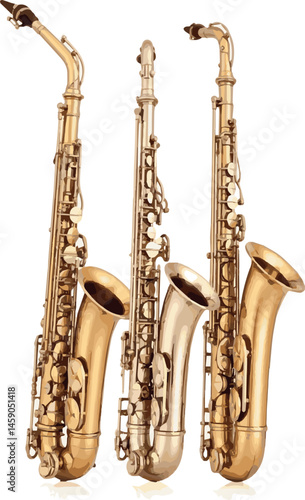 Create a Vector illustration of a sopranino saxophone, small and curved, bright gold color, minimal details, white background.