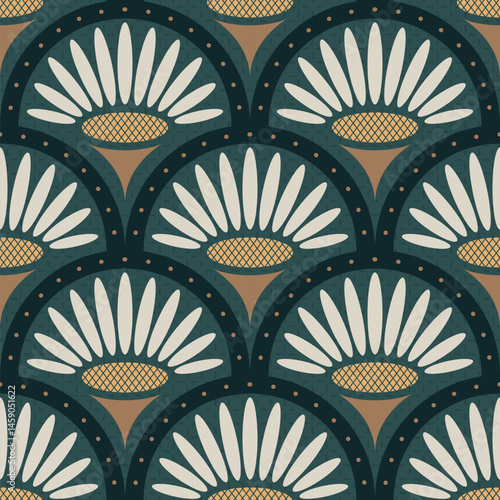 stylized floral daisy motifs in Art Deco aesthetic. Cream petals fan out from a textured gold center, framed by dark arches and dotted accents for a vintage, elegant feel, seamless vector pattern
