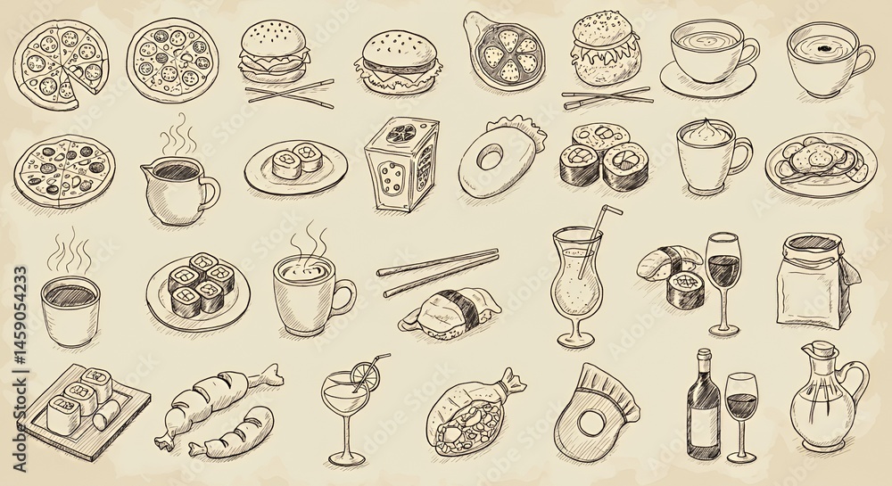 A Diverse Collection of Hand-Drawn Food and Drink Illustrations A Diverse Collection of Hand-Drawn Food and Drink Illustrations