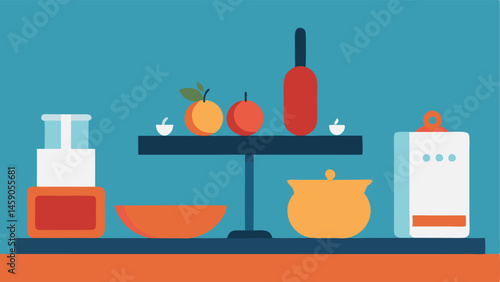 Minimalist Kitchen An organized kitchen counter with just a few essential tools and a bowl of fruit promoting the idea of cooking simply and healthily.