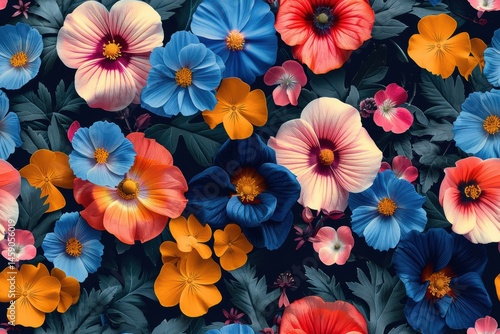 Wallpaper Mural Vibrant seamless floral pattern featuring a variety of colorful flowers on a dark background for rich visual appeal Torontodigital.ca