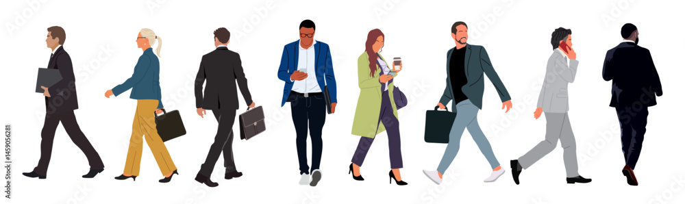 Bundle of Various business people walking side view. Modern men and women different ethnicities, ages, body types in smart casual and formal office outfits with phone, briefcase, bags. Vector isolated Bundle of Various business people walking side view. Modern men and women different ethnicities, ages, body types in smart casual and formal office outfits with phone, briefcase, bags. Vector isolated