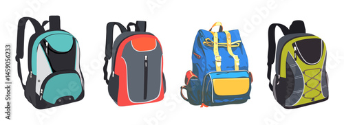 Set of backpacks isolated on white background. Colorful, multi-colored sports, tourist and women's backpacks of various colors. Cartoon style. Vector realistic illustration.