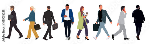Bundle of Various business people walking side view. Modern men and women different ethnicities, ages, body types in smart casual and formal office outfits with phone, briefcase, bags. Vector isolated
