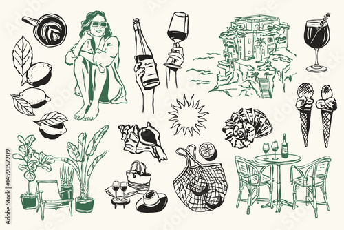 Minimal vector La Dolce Vita doodles collection. Art for postcards, posters, branding, logo design, background, social media.