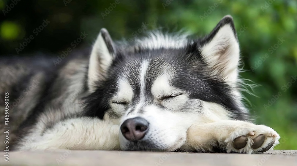 A serene Siberian husky dog peacefully sleeps outdoors, its eyes closed, resting its head on its paws. The dog's fur is a mix of black and white, and the background is blurred green f : Generative AI A serene Siberian husky dog peacefully sleeps outdoors, its eyes closed, resting its head on its paws. The dog's fur is a mix of black and white, and the background is blurred green f : Generative AI