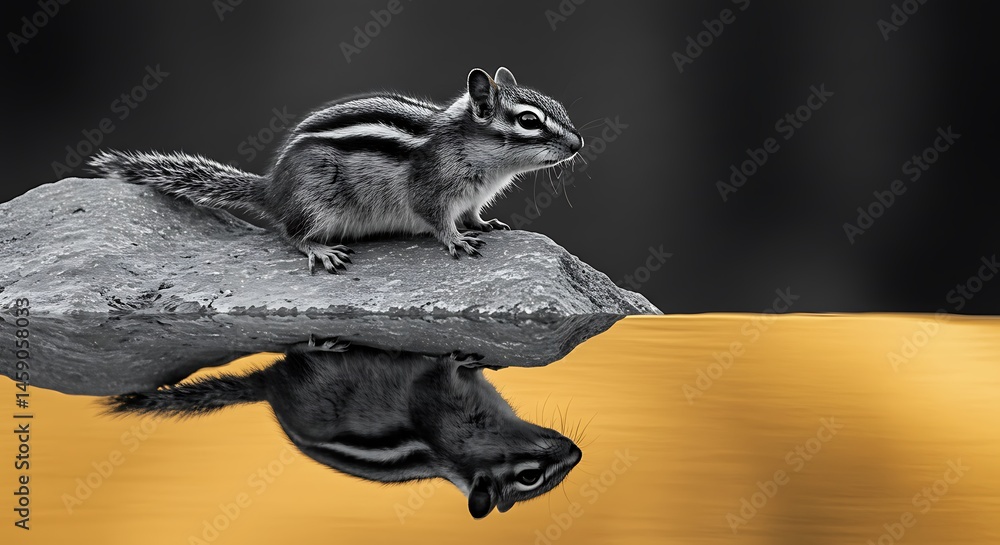 Obraz premium black and white minimalist sketch, chipmunk perched on a rock in banff national park, canada, subject positioned at the top with golden reflections below, ample copy space at the bottom for photo use