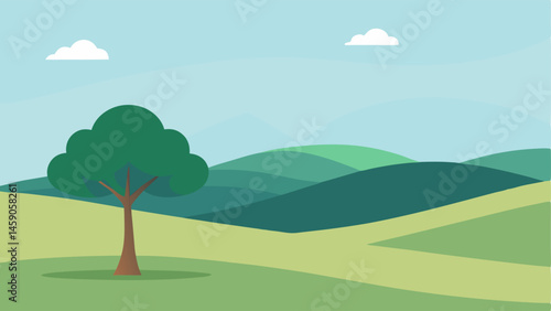 Nature Connection A tranquil landscape with a single tree and rolling hills in the background conveying the essence of being connected to nature and living simply.