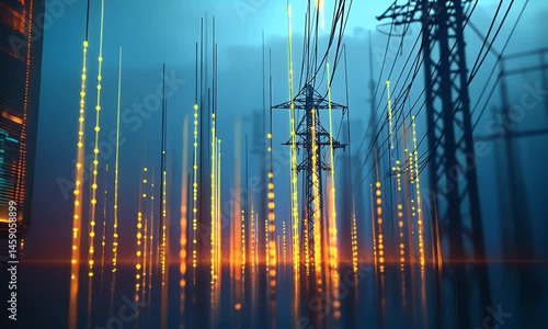 A digital display showing the stock market chart with an electric power grid in the background, 