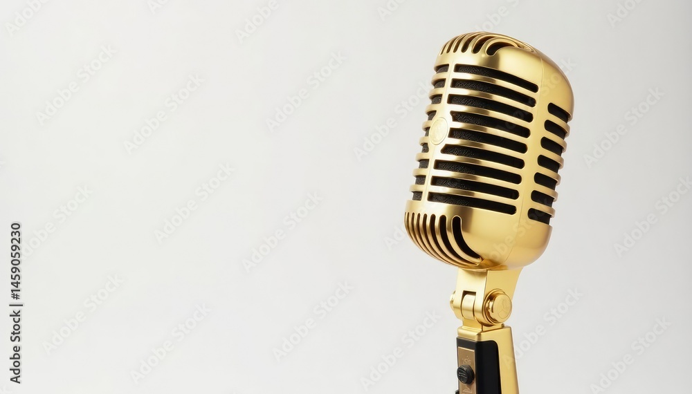 Fototapeta premium Single gold microphone isolated on white background, hiphop, symbol, bling