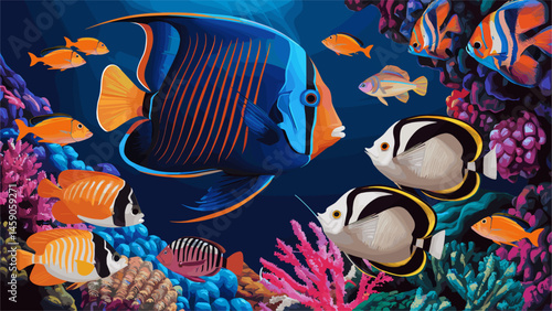 Underwater colorful background with a fish in a coral reef. The fish are of various sizes and colors, including orange, blue, and white. The painting conveys a sense of vibrancy and life
