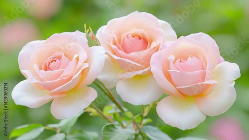 Blooming pink roses sway gently in the breeze against lush greenery
