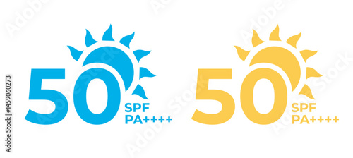UV protection icon. UV radiation icon. Ultraviolet symbol. Sun uv protection icons. Vector pictogram of sunscreen spf. Skincare illustration, sign for cosmetics packaging. SPF 50+РА++++