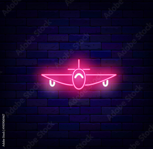 Pink plane in front view neon icon. Airport symbol on brick wall. Flight passenger. Vector stock illustration