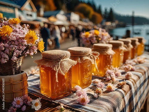 An outdoor farmers market celebrating World Bee Day with honey stands and flowers