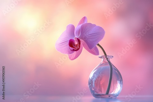 A single pink orchid in a clear glass vase against a soft, pastel background.