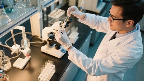 Scientist scrutinizes vial contents in laboratory