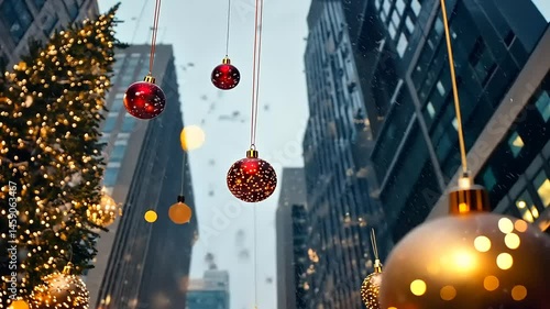 Urban winter wonderland, sparkling ornaments grace city streets during christmas
