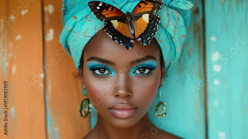 Graceful woman with butterfly turban displays subtle elegance against rustic background