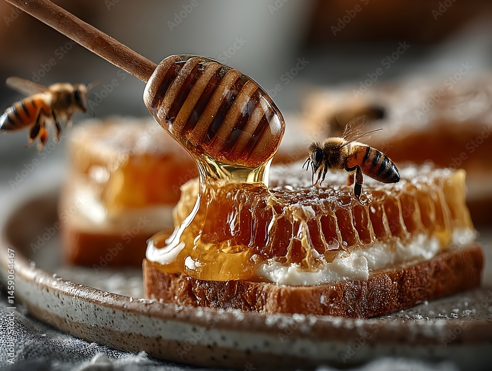 Close-up of a dripping honeycomb on toast with bees flying near a breakfast plate Close-up of a dripping honeycomb on toast with bees flying near a breakfast plate