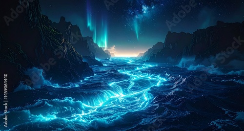 Mystical glowing river suspended in space flowing into stormy ocean waves