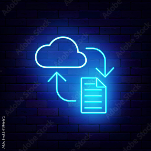 Cloud storage and file neon label. Document sending. Big data badge on brick wall. Computer database. Vector stock illustration