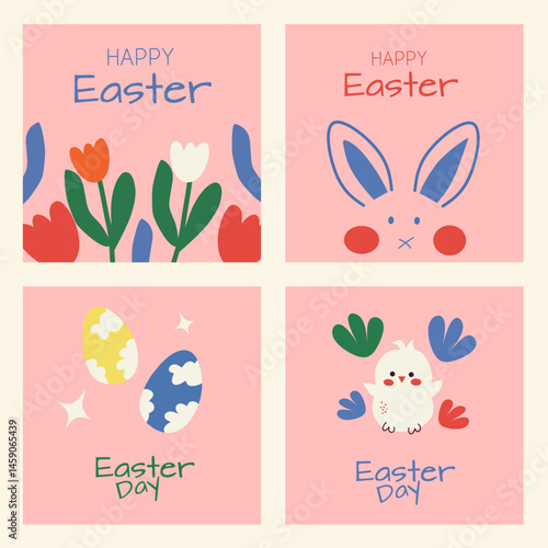 Happy easter day greeting card set. Hand drawn of flat cartoon with cute bunny, flowers, eggs, chick, typography on pink background. Flat vector illustration for vertical poster, banner, social media.