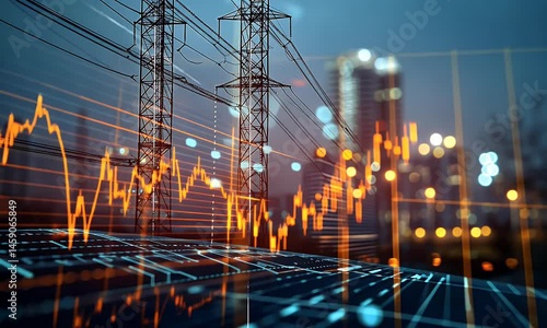 A digital display showing the stock market chart with an electric power grid in the background, 