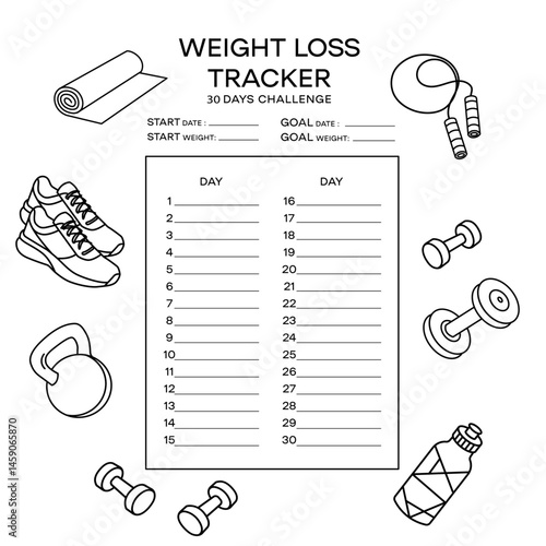 Printable 30 day weight loss tracker template with fitness icons dumbbells, sneakers, jump rope, water bottle, yoga mat, for personal fitness planning, workout journals, health goal tracking.Vector