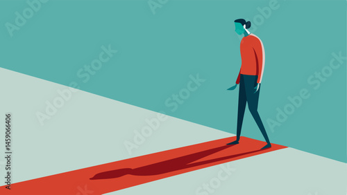 Silhouetted Figure with Elongated Shadow A minimalist illustration featuring a person standing in profile with their hands relaxed at their sides. The shadow elongated and