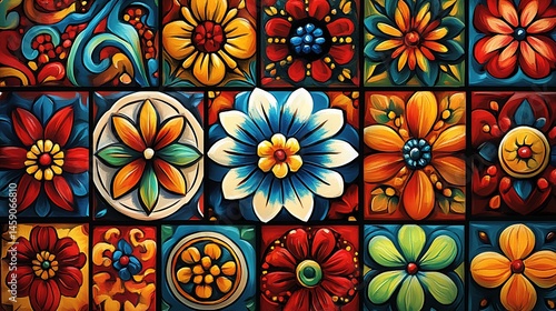 Vibrant floral mosaic tile pattern with diverse flower designs in warm and cool colors
