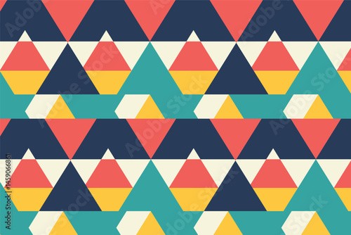 A colorful geometric pattern of triangles and hexagons in shades of blue, red, yellow, teal, and beige creates a playful retro design.