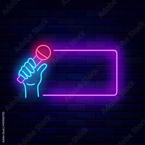 Stand up comedy neon advertising. Interview sign. Empty purple frame. Hand with microphone. Vector stock illustration