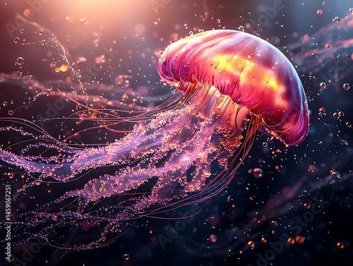 Glowing jellyfish underwater, detailed tentacles