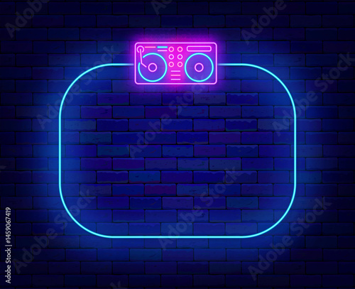 DJ music player neon flyer. Empty blue frame. Night club dance party. Broadcast and podcast. Vector stock illustration