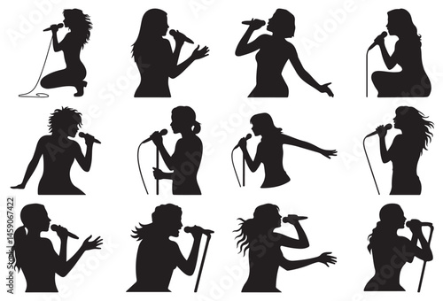 Collection of woman singer silhouettes in dynamic poses, performing with microphone, black vector set  