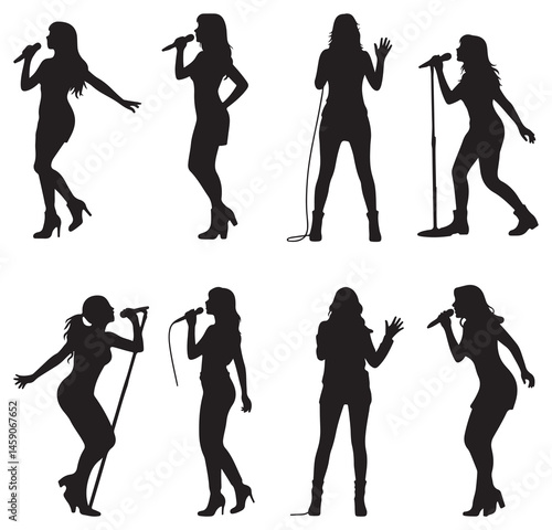 Collection of woman singer silhouettes in dynamic poses, performing with microphone, black vector set  