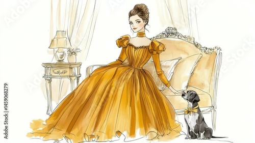 Elegant victorian woman with loyal dog in luxurious interior setting