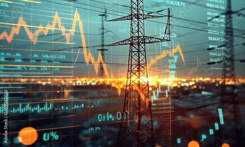 A digital display showing the stock market chart with an electric power grid in the background, 