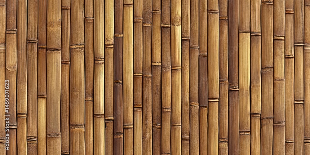 Fototapeta premium Close-up view of a wall made from vertical bamboo stalks. Natural, warm tones of light brown and golden brown bamboo. Stacked, parallel, textured bamboo