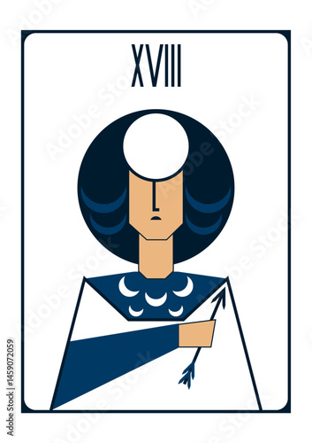 Simple vector drawing of a tarot card - the moon in the form of a woman with a rounded hairstyle and an arrow in her hand in dark blue and white colours 