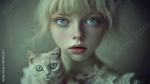 Enchanting girl and kitten with intense blue eyes in soft focus closeup