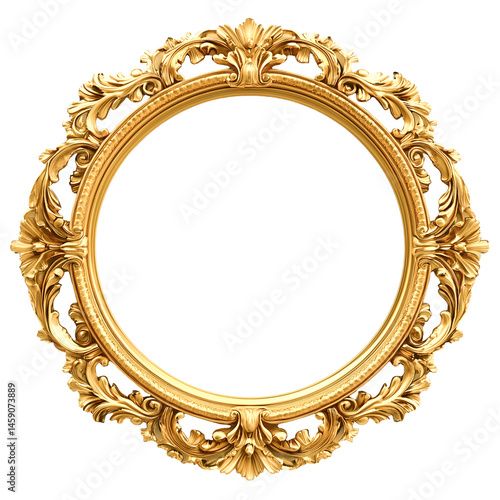 Ornate round golden picture frame on transparent background