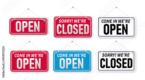 Set of bussiness hanging signboard, we're open and closed. Closed and open. Red sign Sorry we are closed for holidays, with shadow isolated on red background. Vector