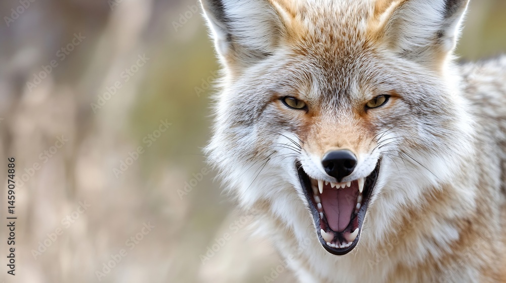 Close-up portrait of a coyote with its mouth open, revealing sharp teeth, set against a blurred natural background. The coyote's fur is a mix of white, beige, and light brown. : Generative AI Close-up portrait of a coyote with its mouth open, revealing sharp teeth, set against a blurred natural background. The coyote's fur is a mix of white, beige, and light brown. : Generative AI
